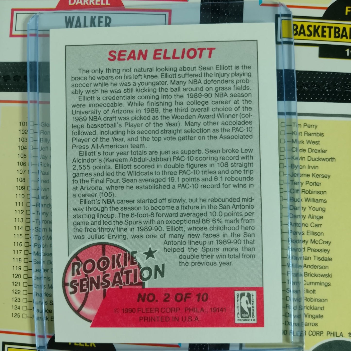 Sean Elliott 1990 Fleer rookie sensation 2 of 10 NBA Basketball San Antonio Spurs excellent Sleeved