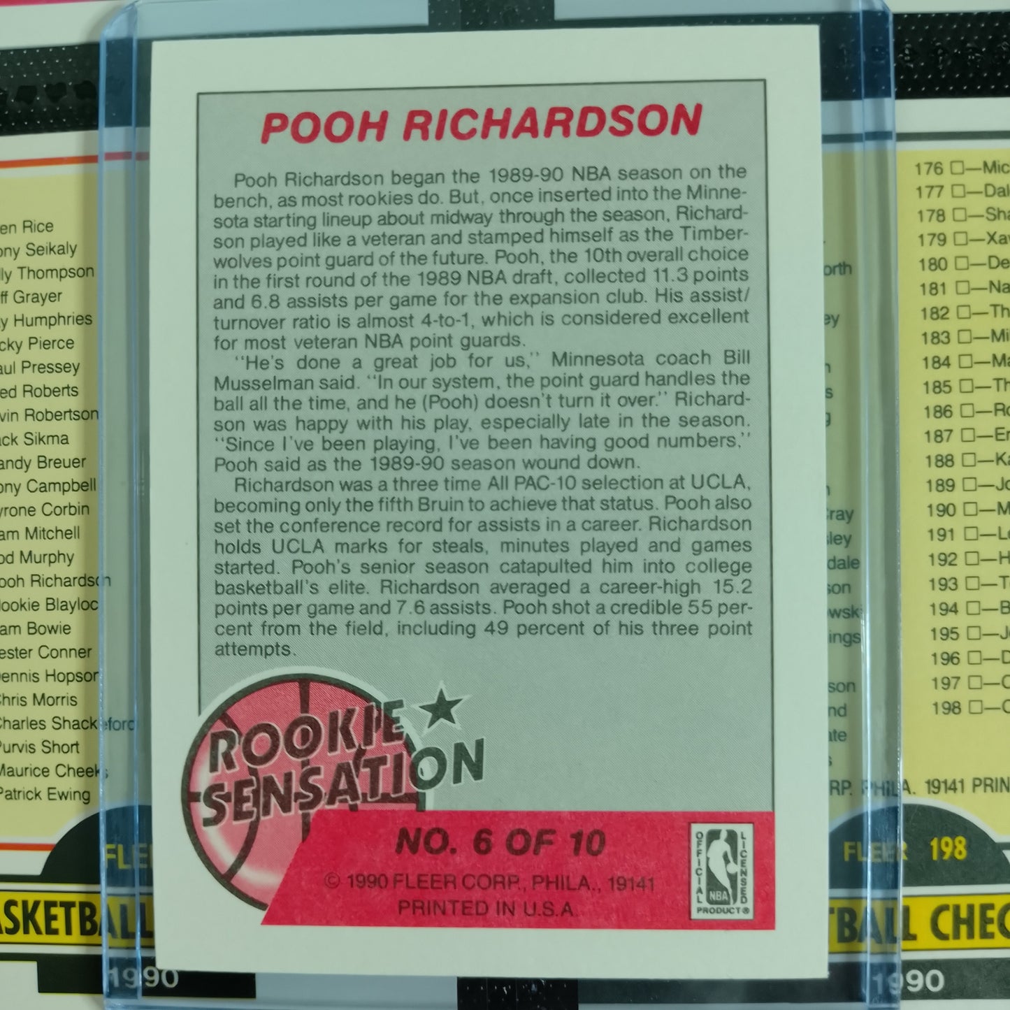 Pooh Richardson 1990 Fleer rookie sensation 6 of 10 NBA Basketball Minnesota Timberwolves excellent Sleeved