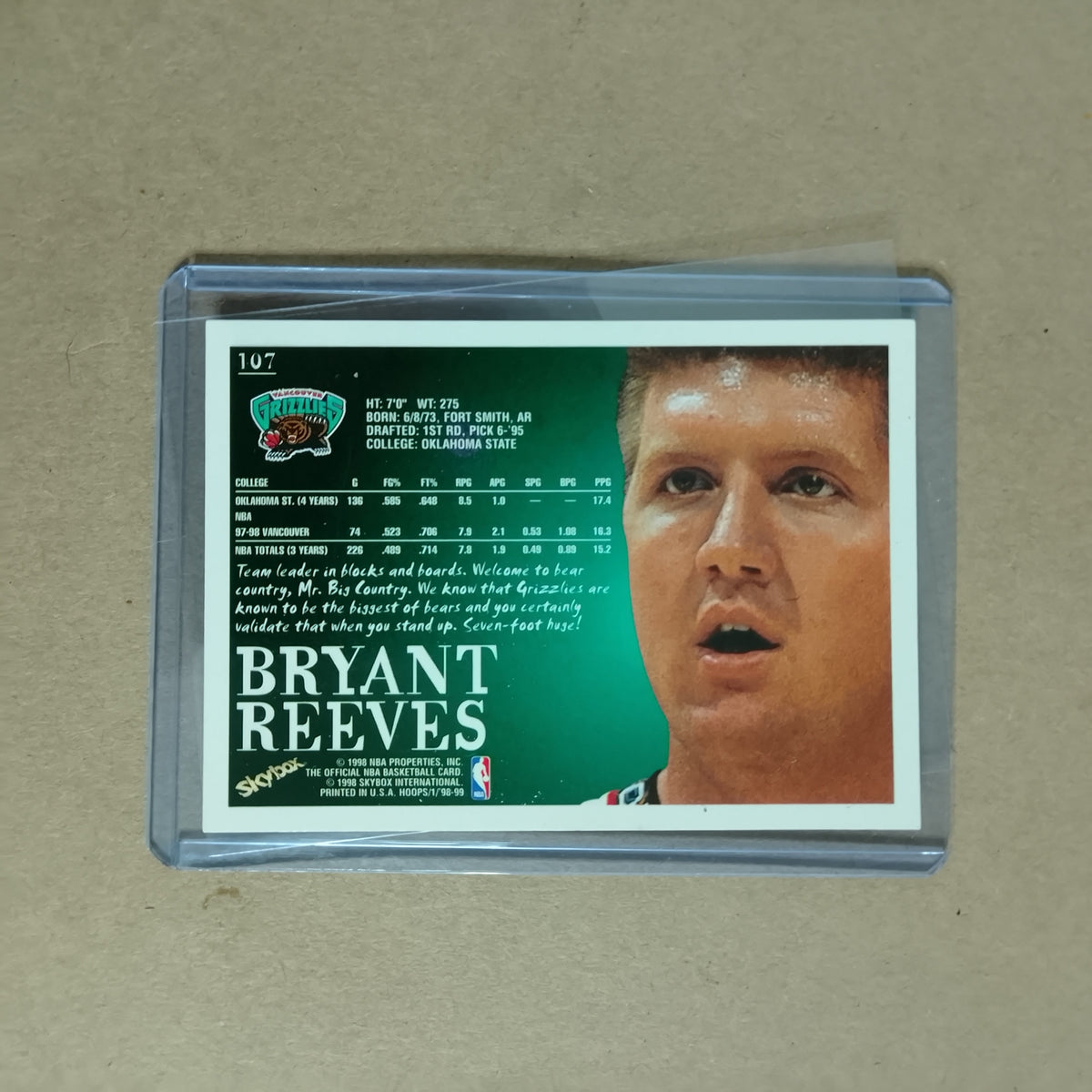 Bryant Reeves 1998 NBA Hoops #107 Vancouver Grizzlies NBA Basketball card VGC