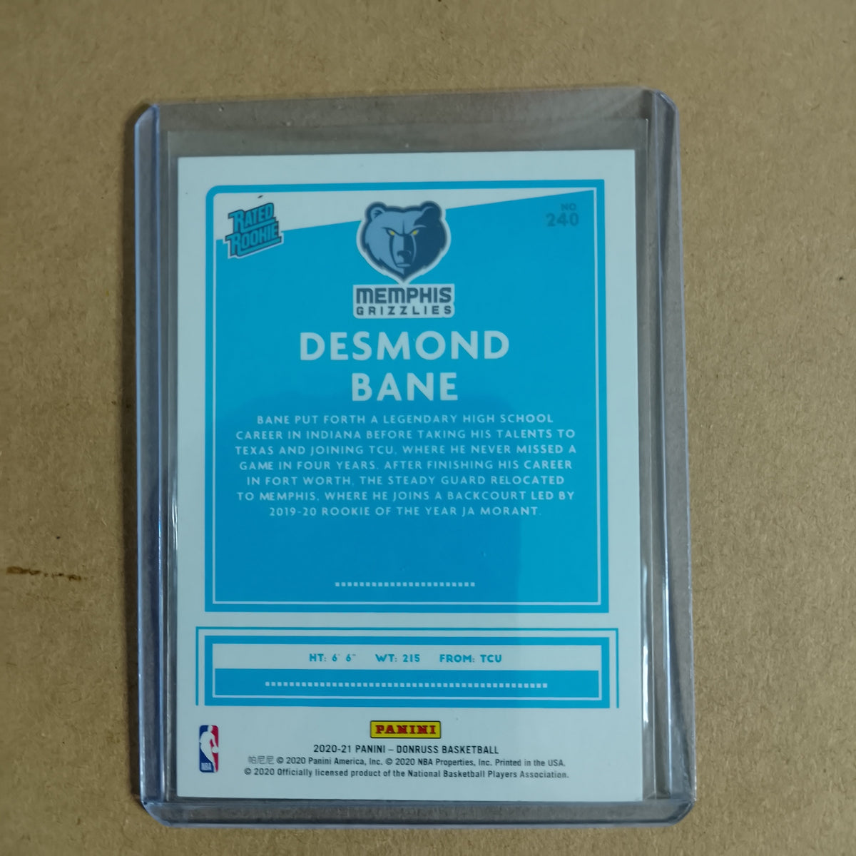 Desmond Bane 2020-21 Panini Donruss Rated Rookie RC #240 NBA Basketball Memphis Grizzlies Excellent sleeved