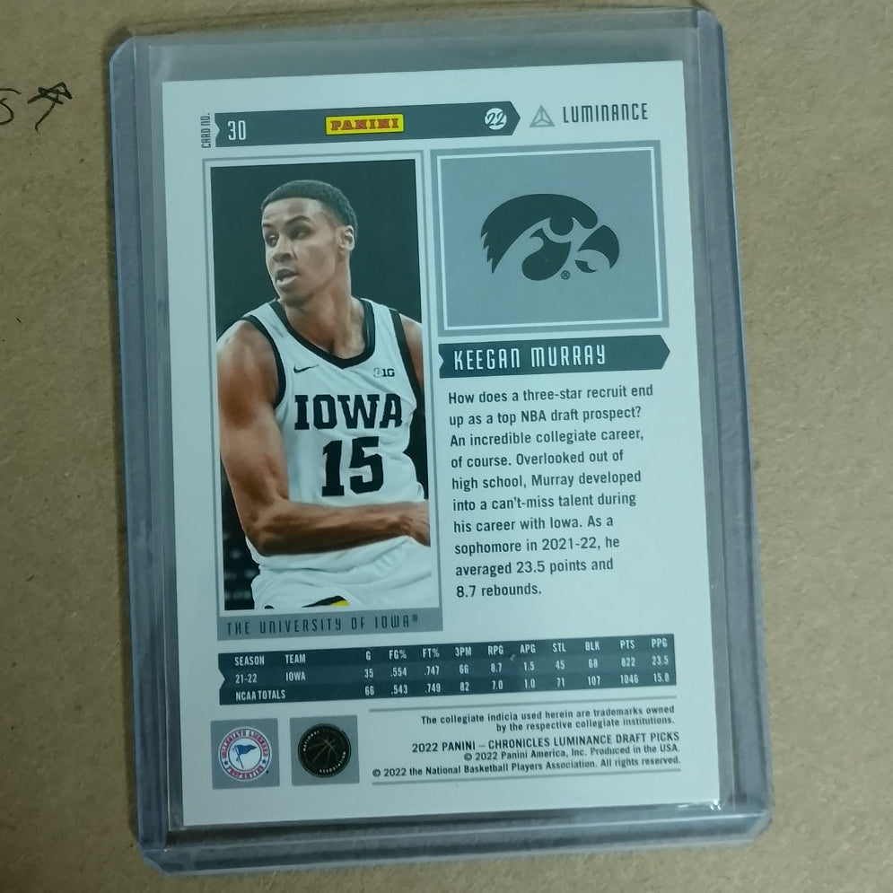 Keegan Murray 2022 Panini Chronicles luminance rookie RC #30 NBA IOWA Excellent