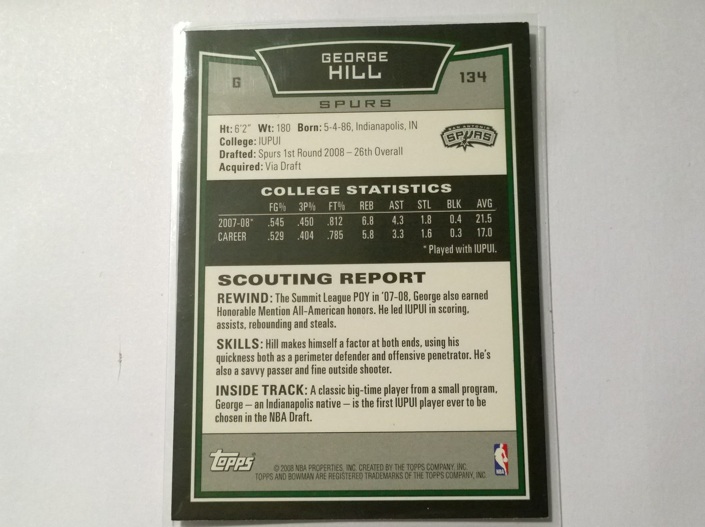 George Hill 2008 Topps Bowman NBA Basketball Rookie-Karte VGC Sleeved San Antonio Spurs