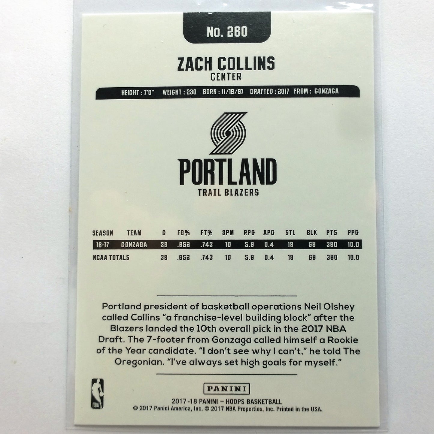 Zach Collins 2017-18 Panini NBA Hoops #260 Basketball rookie card Portland Trail Blazers Mint sleeved