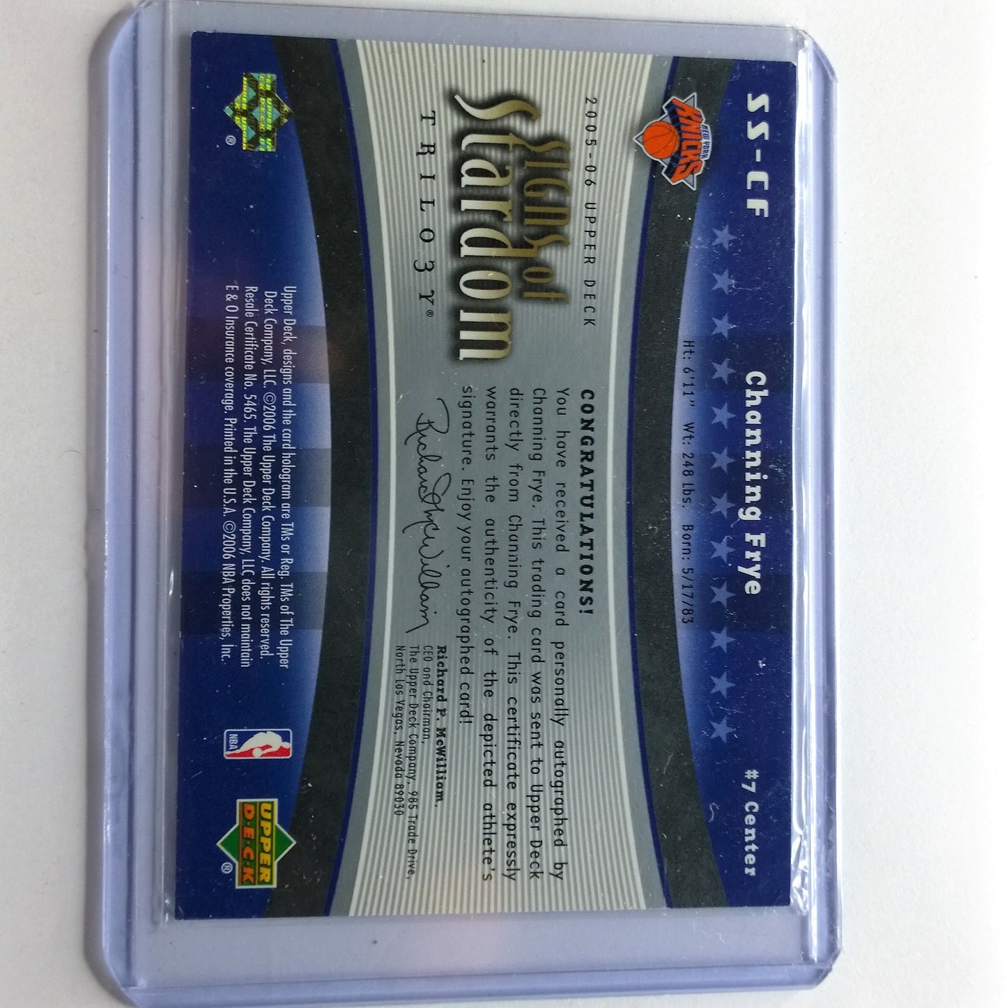 Channing Frye 2006 Upper-Deck NBA Basketball SS-CF signs of stardom autograph rookie card New York Knicks VGC Sleeved