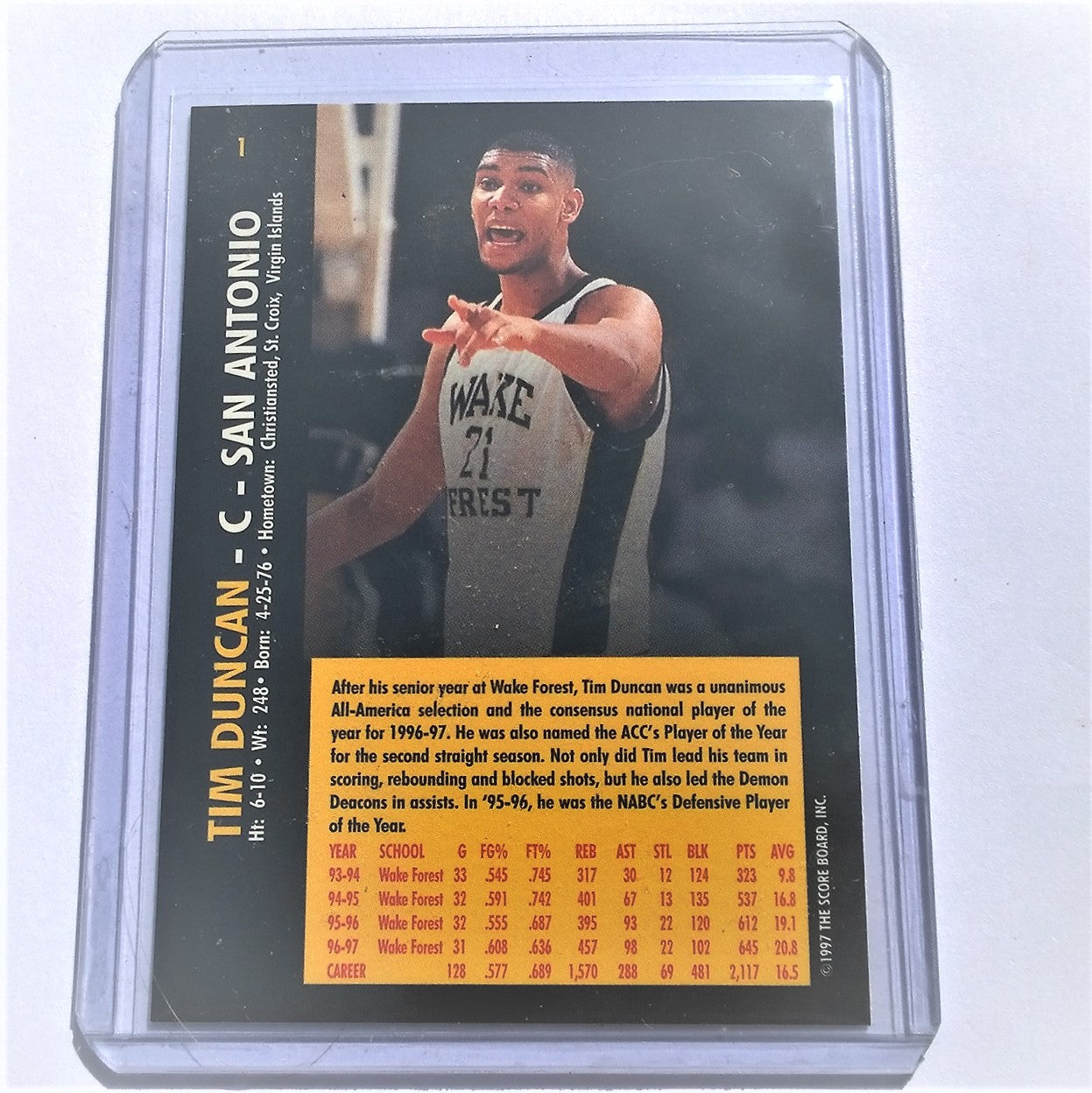 Tim Duncan 1997 The Score Board Basketball Rookies Wake forest San Antonio Spurs rookie VGC Sleeved
