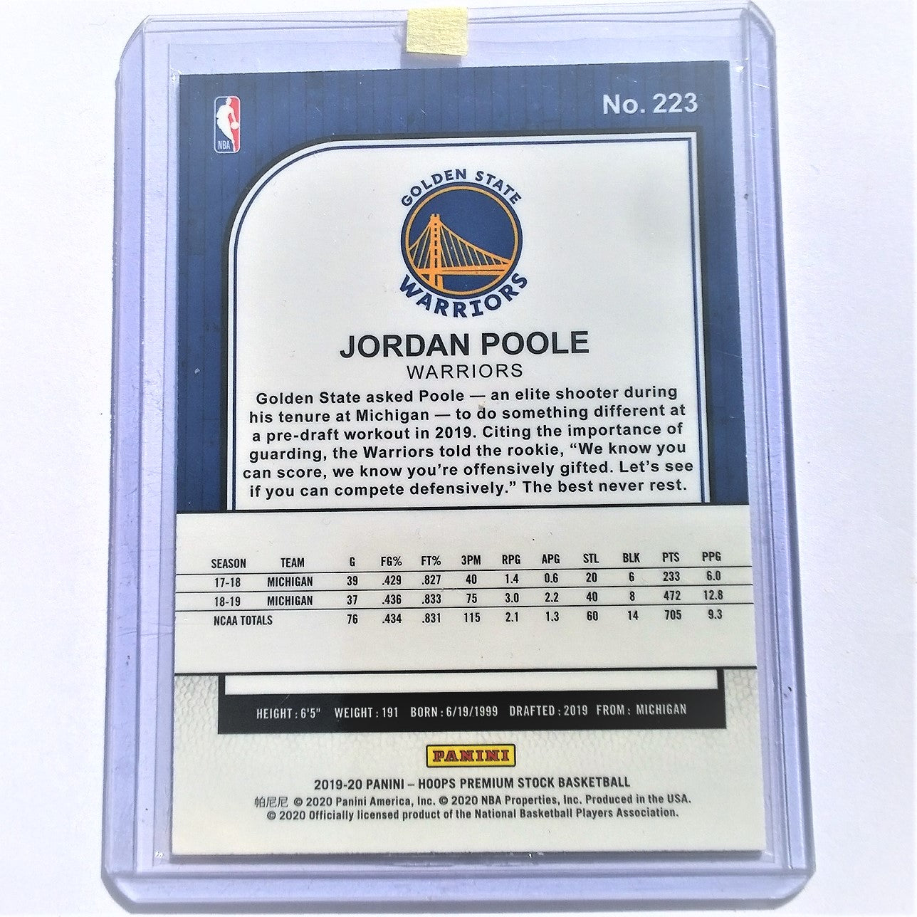 Jordan Poole 2019-20 Panini NBA Hoops Premium stock Basketball #223 Rookie card Golden State Warriors mint sleeved