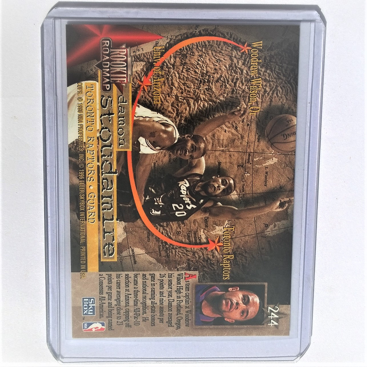 Damon Stoudamire 1996 Skybox NBA Basketball #244 Rookie card Toronto Raptors stunning example sleeved cased
