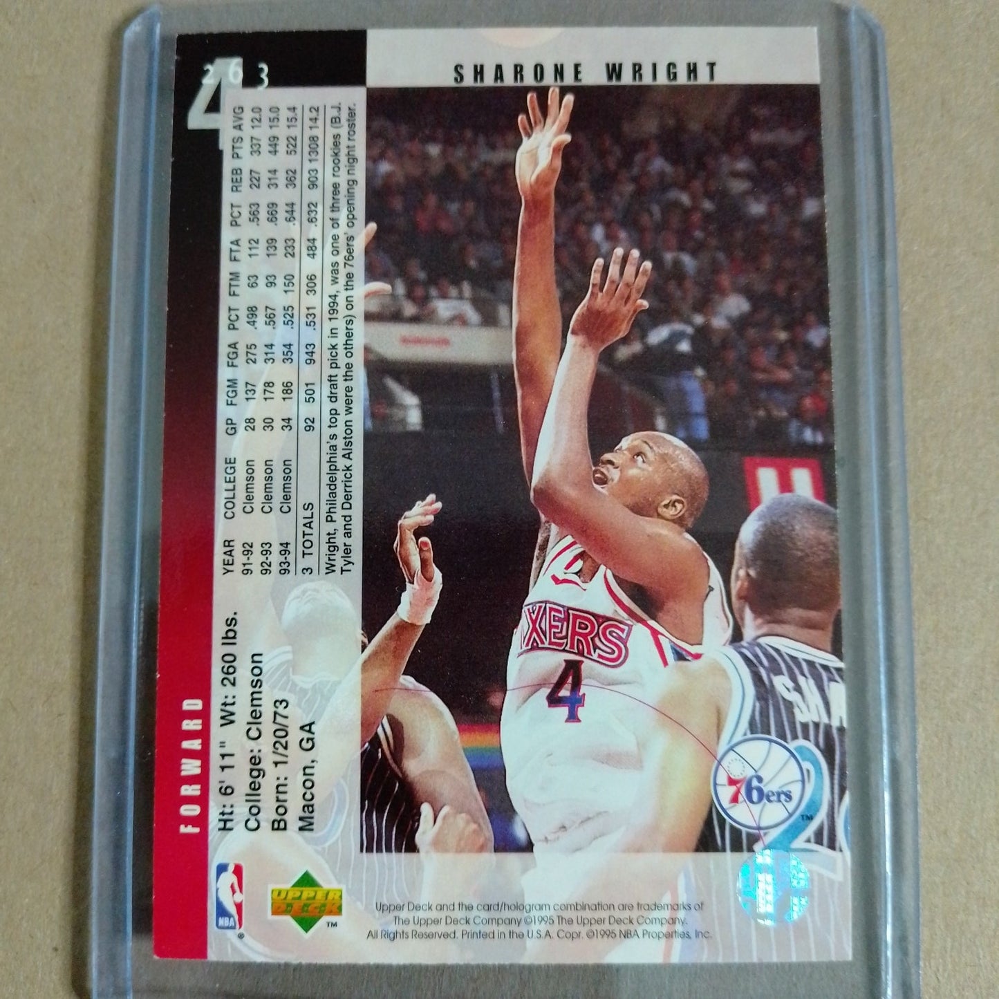 Sharone Wright 1995 Upper-Deck Rookie RC #263 NBA Philadelphia 76ers VGC +