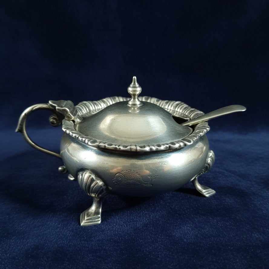 Vintage Sterling silver mustard tartar etc container bowl with spoon fish motiff 134grms