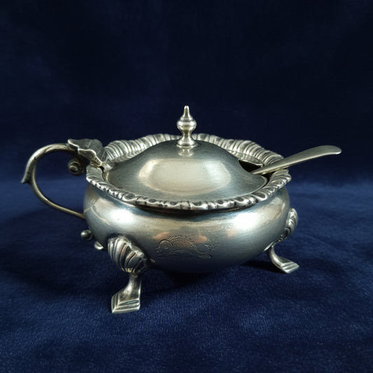 Vintage Sterling silver mustard tartar etc container bowl with spoon fish motiff 134grms