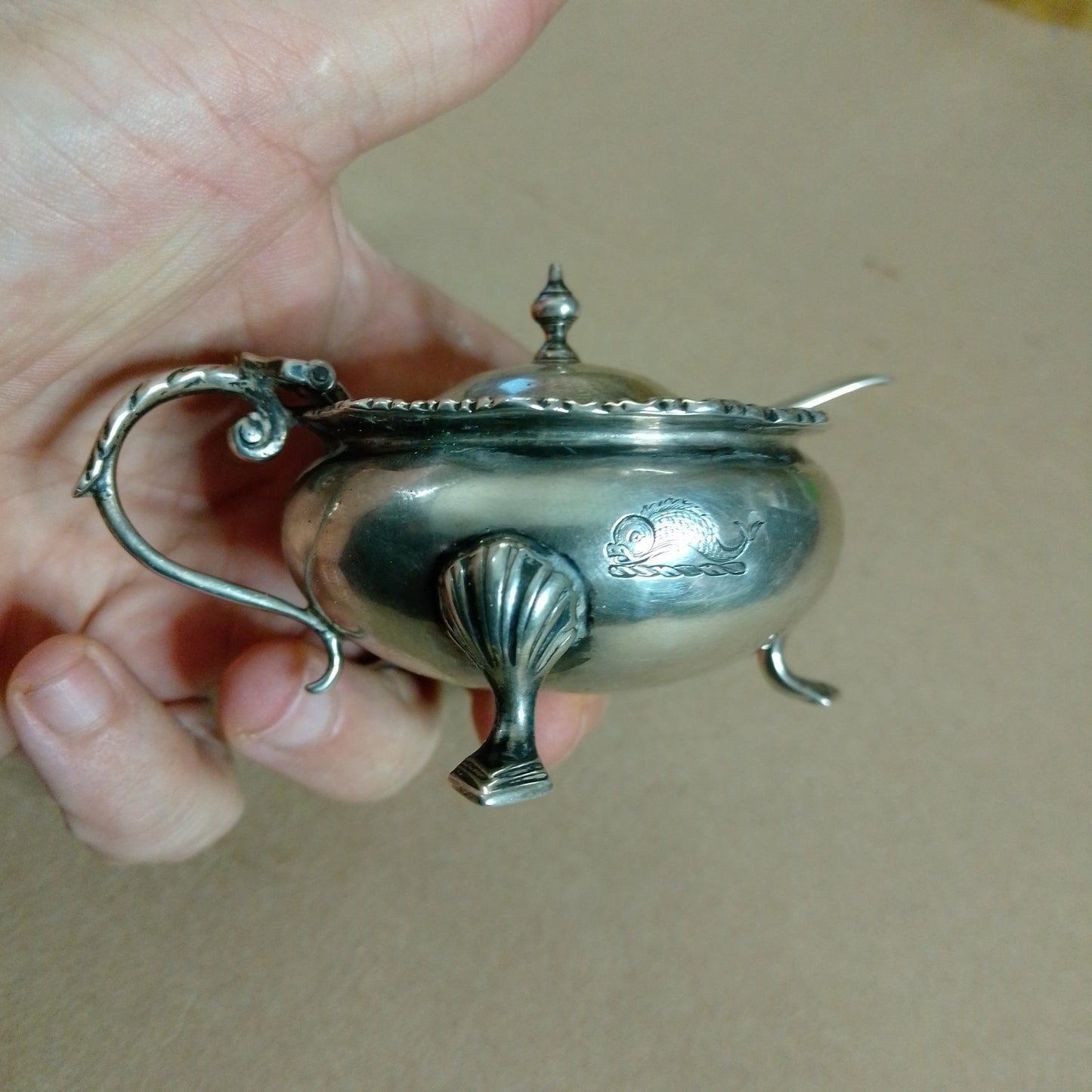 Vintage Sterling silver mustard tartar etc container bowl with spoon fish motiff 134grms
