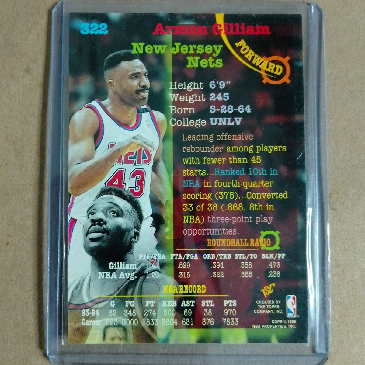 Armon Gilliam 1995 Topps stadium club 1st day issue #322 New Jersey Nets NBA VGC 