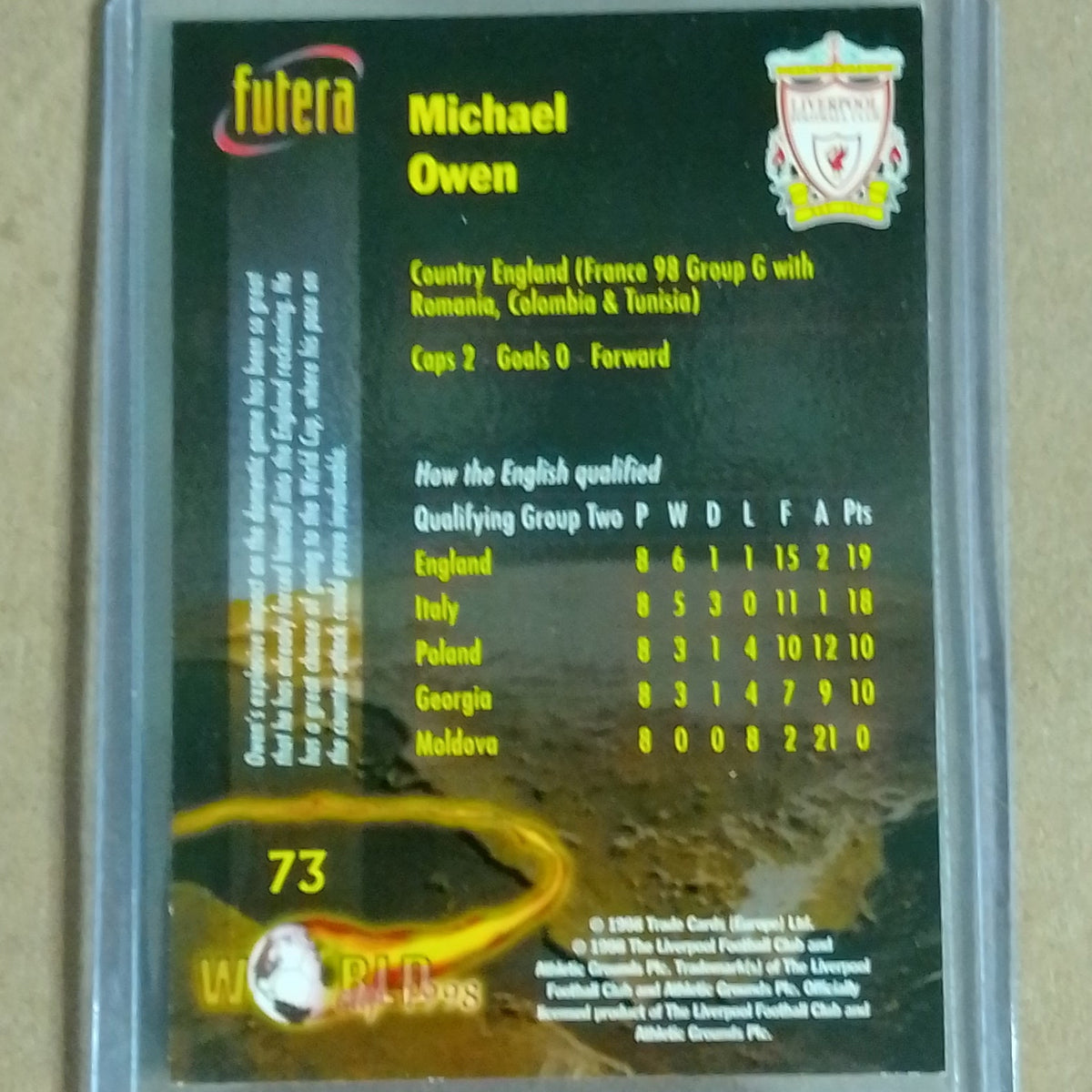 Michael Owen 1998 Futera world cup 1998 #73 Liverpool football good-vgc sleeved