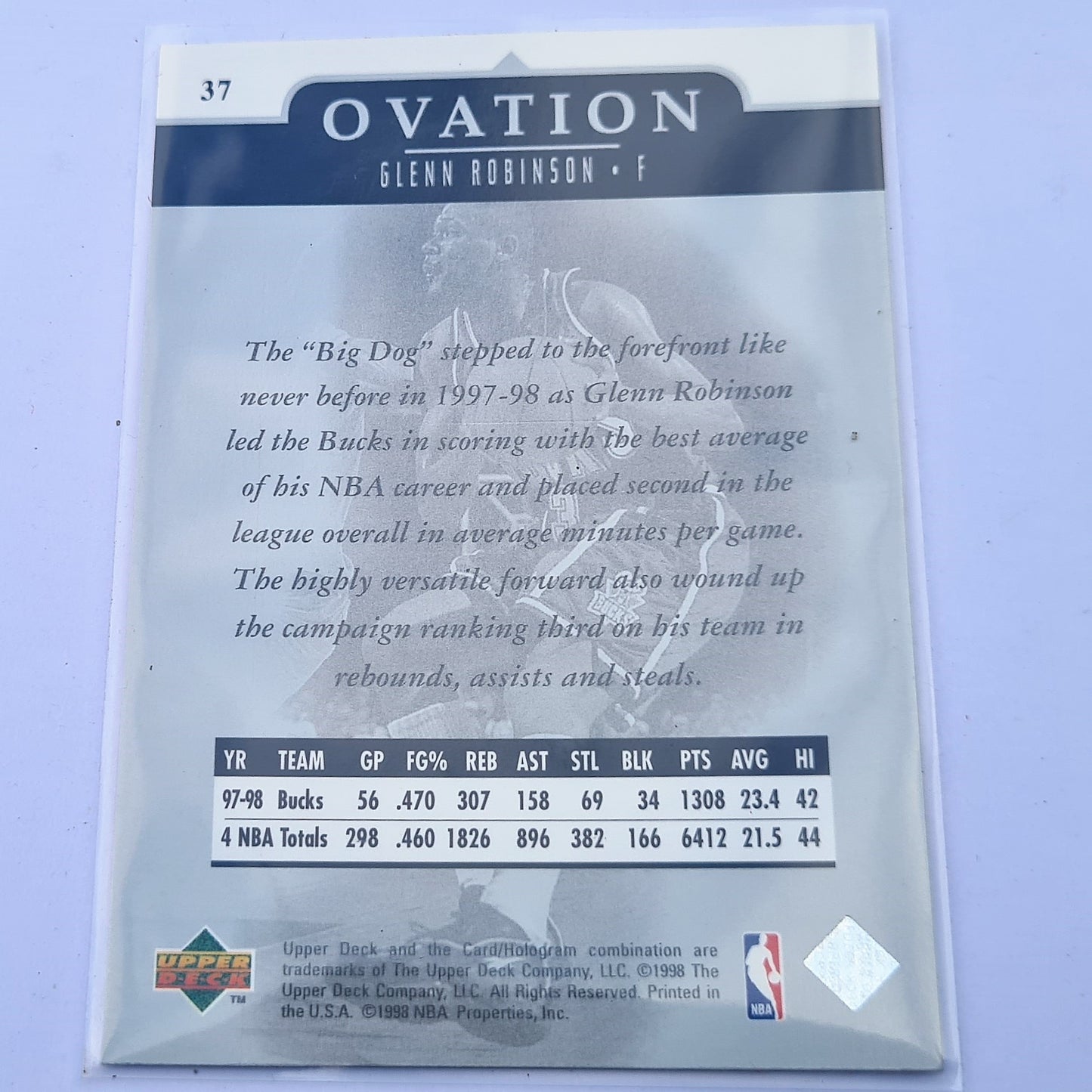 Glenn Robinson 1998 Upper Deck Ovation NBA Basketball #37 Milwaukee Bucks Mint Sleeved