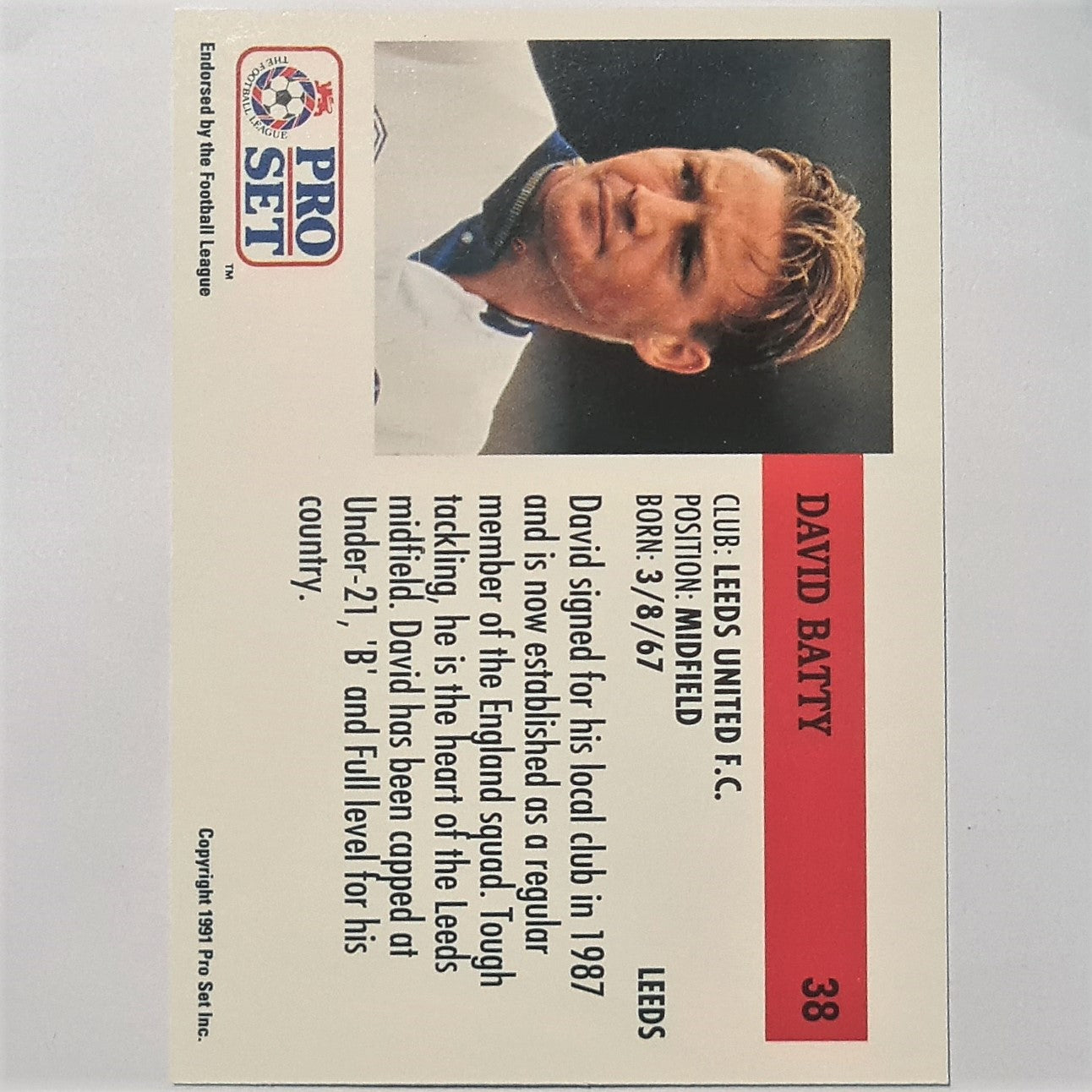 David Batty 1991-92 Pro Set Football League Soccer #38 Leeds United Case Fresh Sleeved atemberaubendes Beispiel