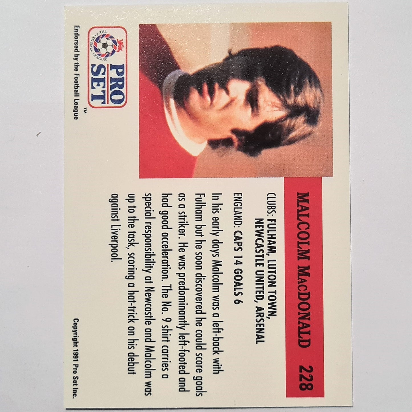 Malcolm MacDonald Legend card 1991-92 Pro Set Football League Soccer #228 Arsenal England  Case Fresh Sleeved stunning example