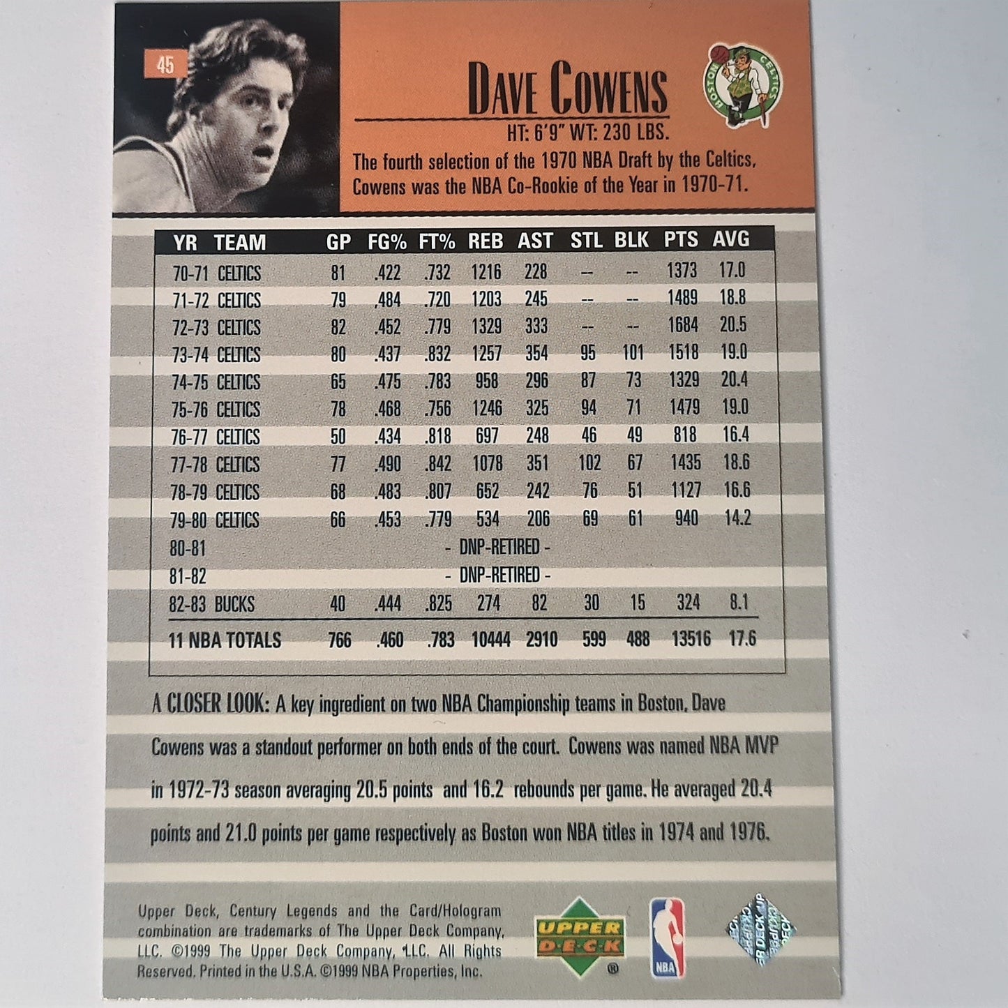 Dave Cowens 1999 Upper Deck Century Legends #45 Top 50 Spieler NBA Basketball Boston Celtics Mint Sleeved