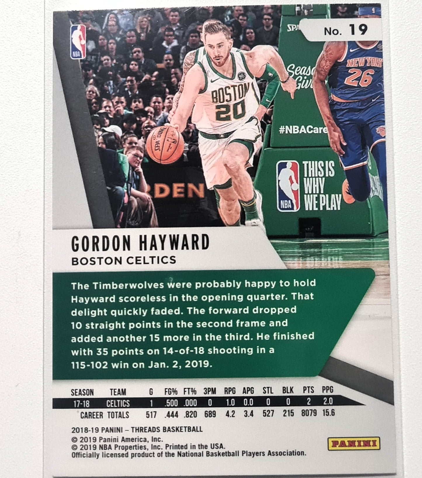 Gordon Hayward 2018-19 Panini Threads #19 NBA Basketball Boston Celtics Mint Sleeved