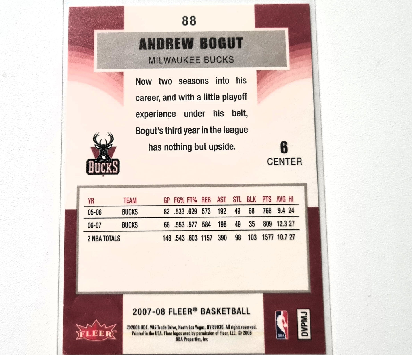 Andrew Bogut 2007-08 Fleer #88 NBA Basketball Team Milwaukee Bucks Very good Sleeved