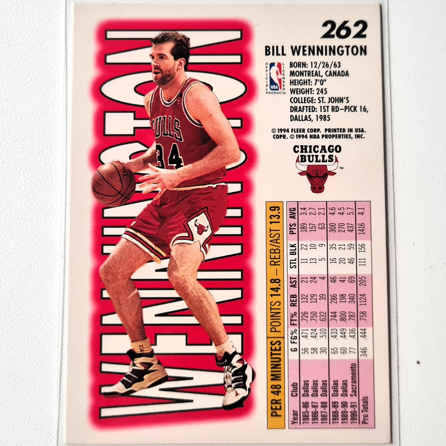 Bill Wennington 1994 Fleer 93-94 #262 NBA Basketball Chicago Bulls Excellent Sleeved