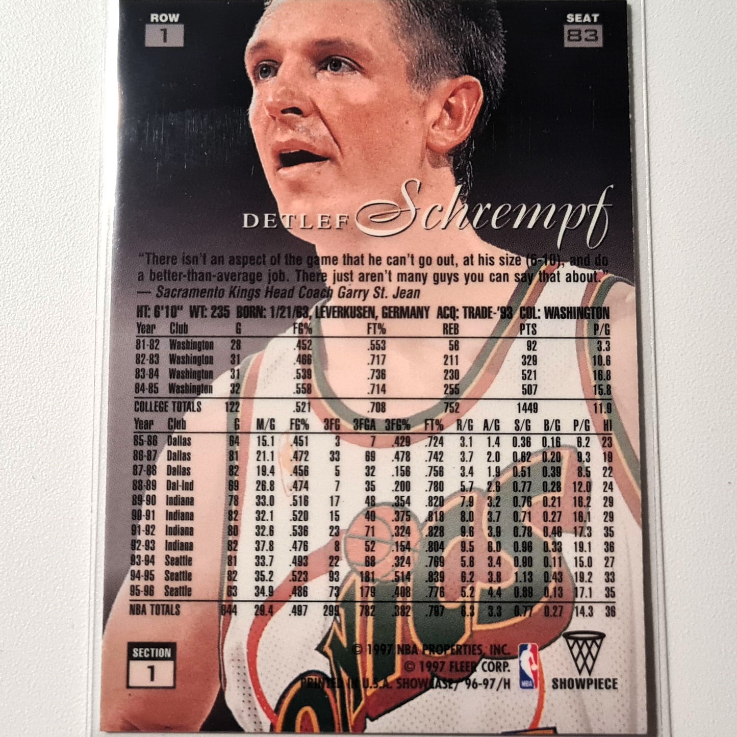 Detlef Schrempf 1997 Fleer flair showcase Row 1 seat 83 NBA Basketball Seattle Super Sonics Excellent/Mint Sleeved