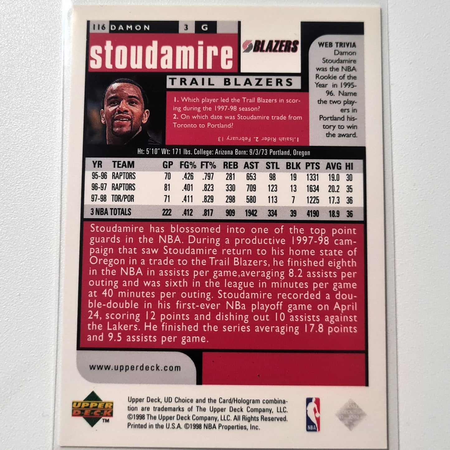 Damon Stoudamire 1998 Upper-Deck #116 NBA Basketball Portland Trail Blazers Excellent sleeved