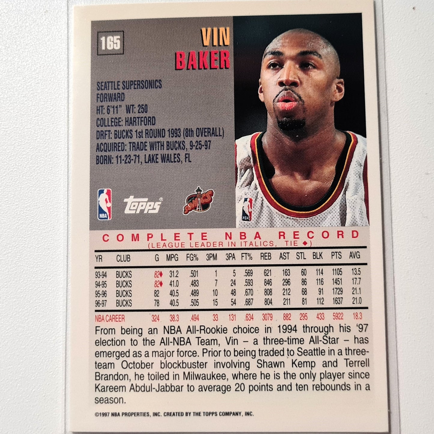 Vin Baker 1997 Topps #165 NBA Basketball Seattle Sonics Excellent Sleeved