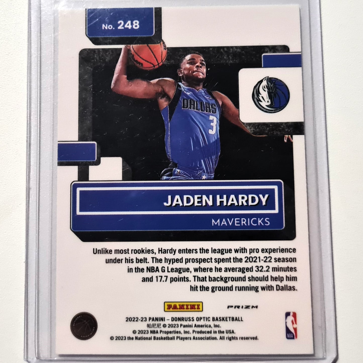 Jaden Hardy 2022-23 Panini Donruss Optic Rated Rookie Choice Prizm #248 NBA Basketball Dallas Mavericks Mint Sleeved