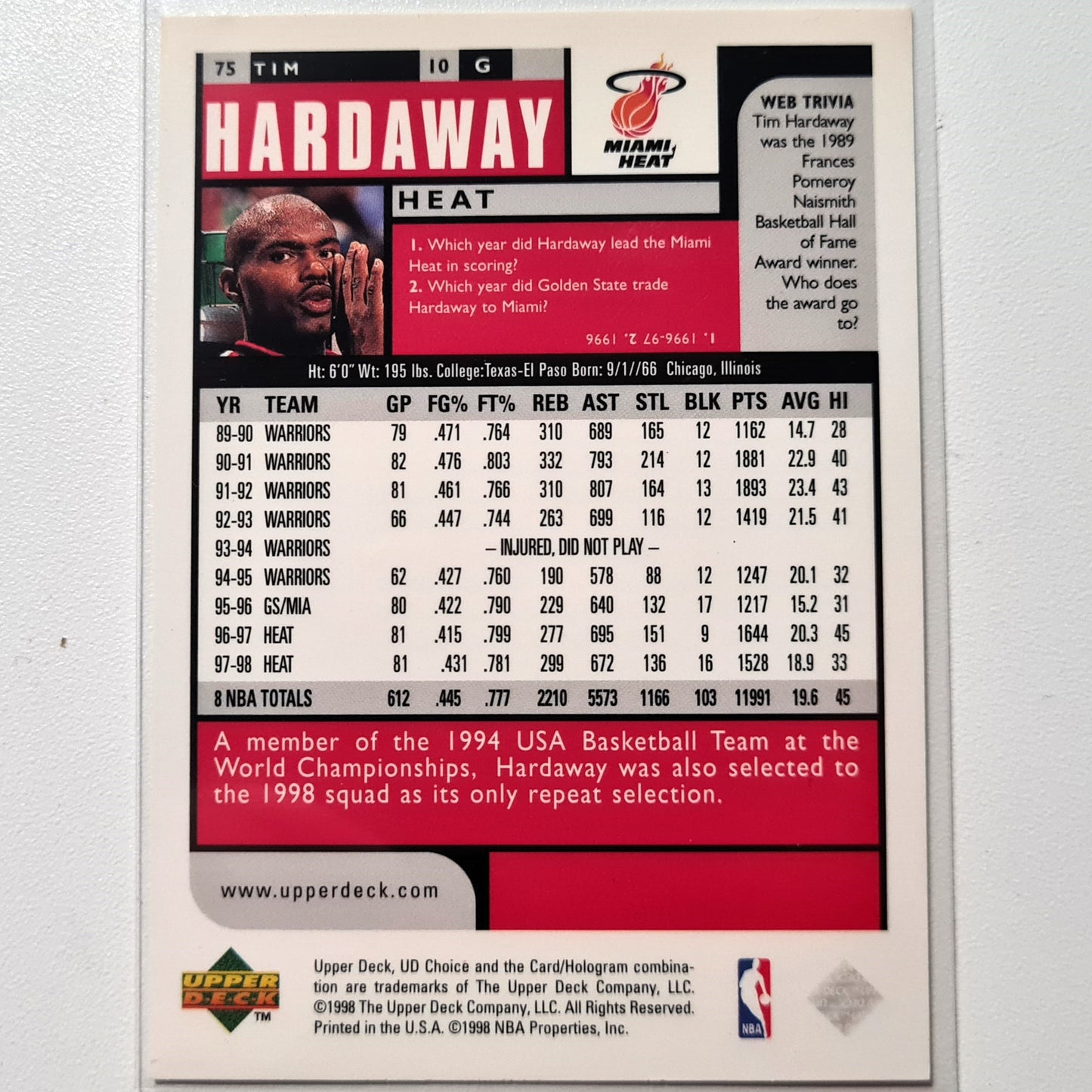 Tim Hardaway 1998 Upper-Deck #75 NBA Basketball Miami Heat Superb Sleeved