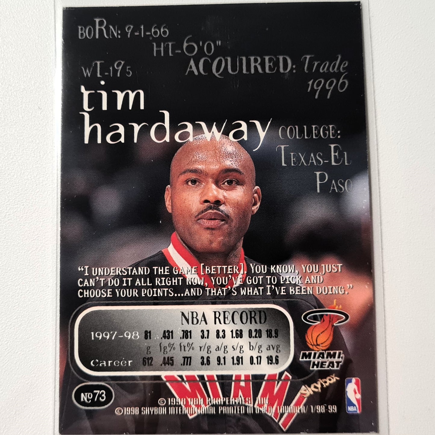 Tim Hardaway 1998 Skybox Thunder #73 NBA Basketball Miami Heat Sehr gute Ärmel