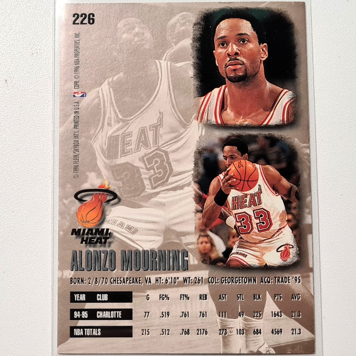 Alonzo Mourning 1996 Fleer Ultra 95-96 #226 NBA Basketball Miami Heat Excellent Sleeved