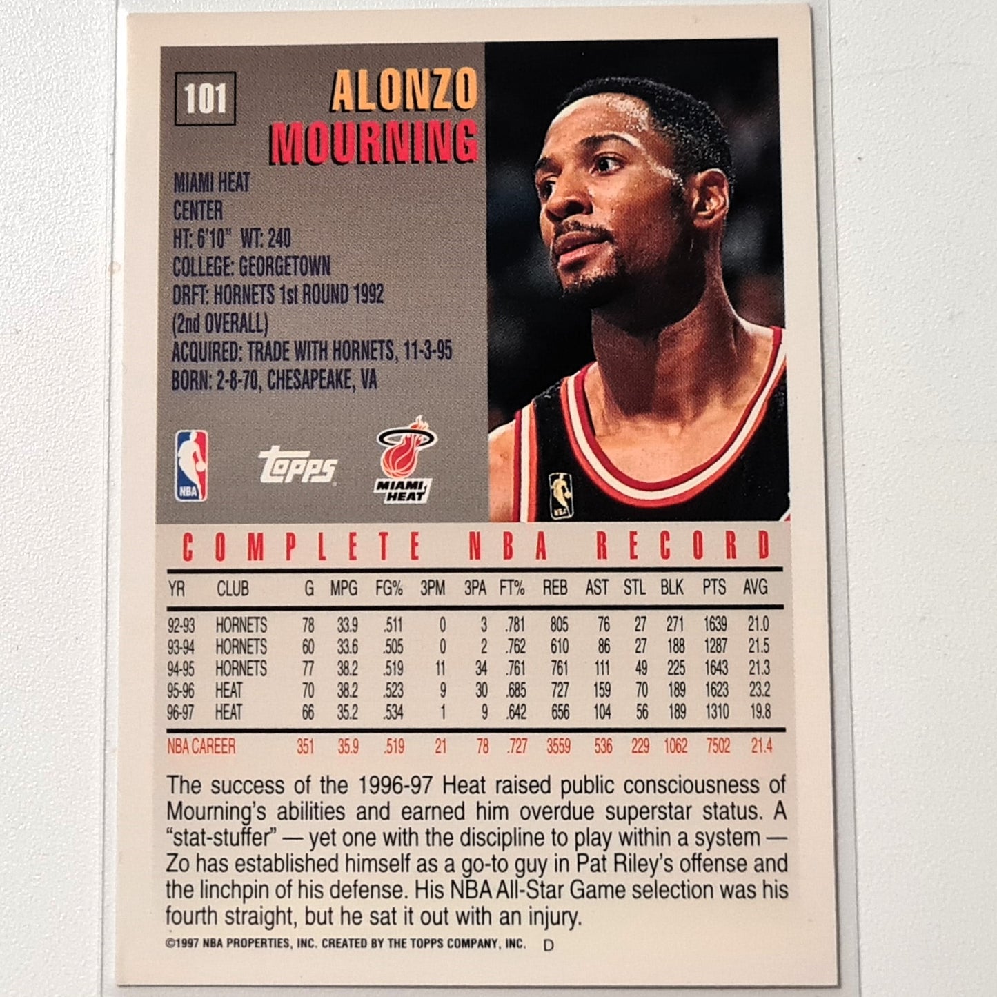 Alonzo Mourning 1997 Topps #101 NBA Basketball Miami Heat Excellent Sleeved