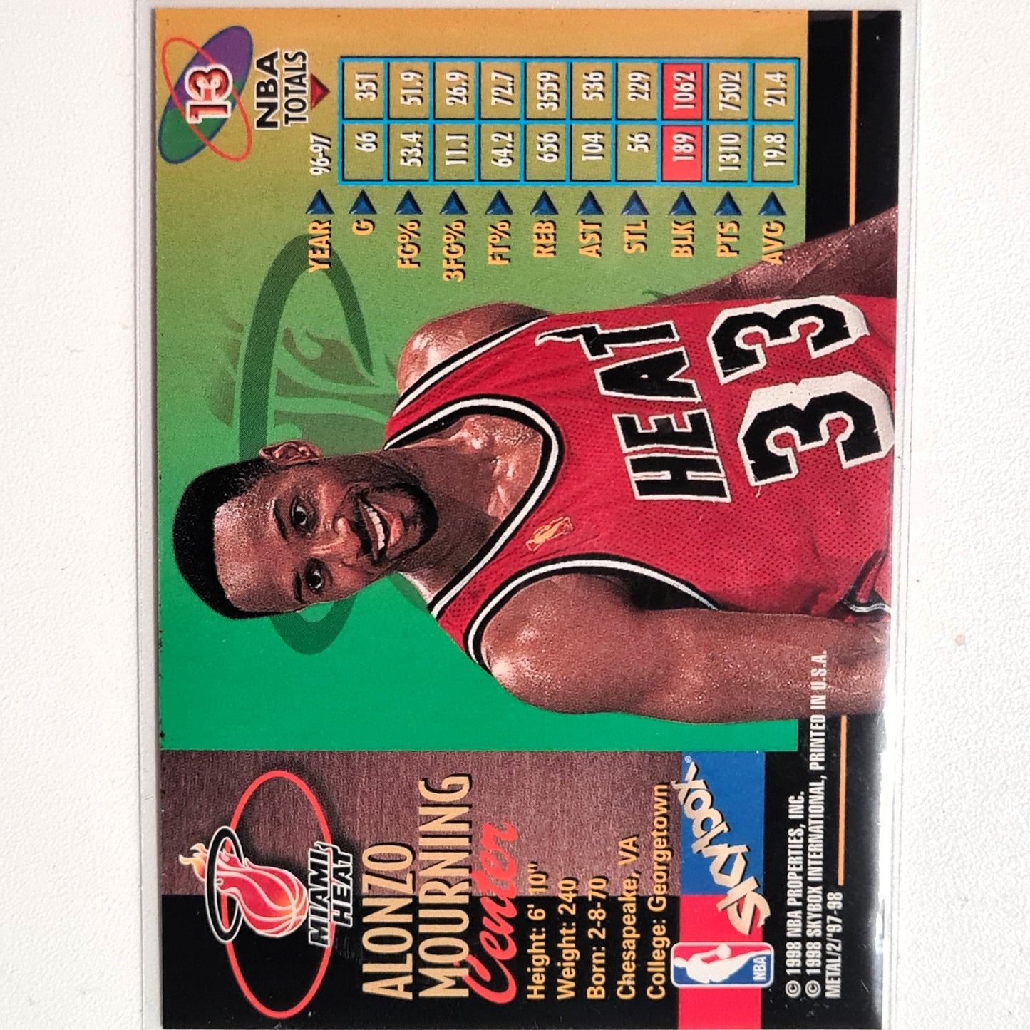 Alonzo Mourning 1998 Skybox Metal Universe  #13 NBA Basketball Miami Excellent Sleeved