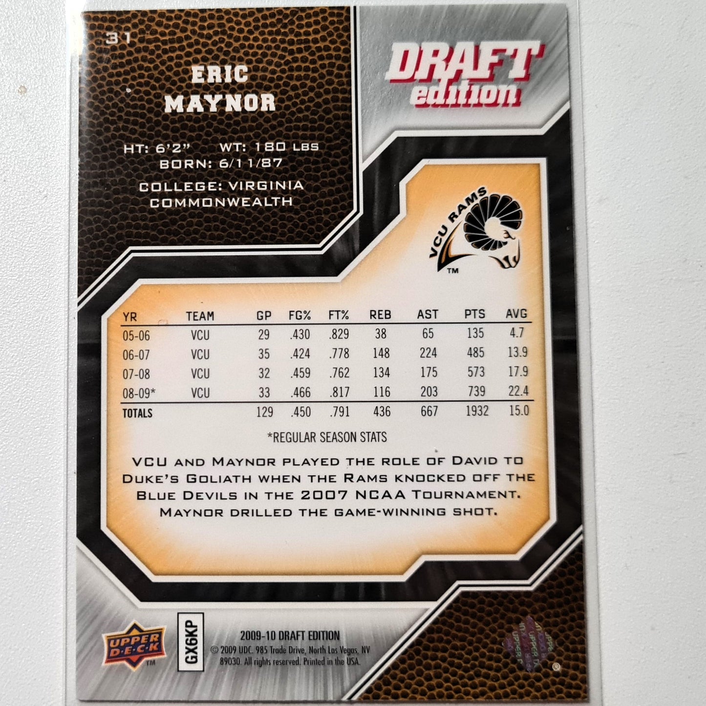 Eric Maynor 2009-10 Upper-Deck Draft Edition #31 Rookie VCU Rams NBA Basketball gut/sehr gut Ärmellos