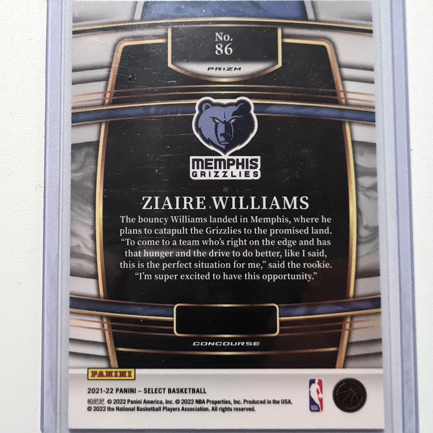 Zaire Williams 2021-22 Panini Select Prizm concourse Rookie RC #86 NBA Basketball Memphis Williams Excellent/mint sleeved