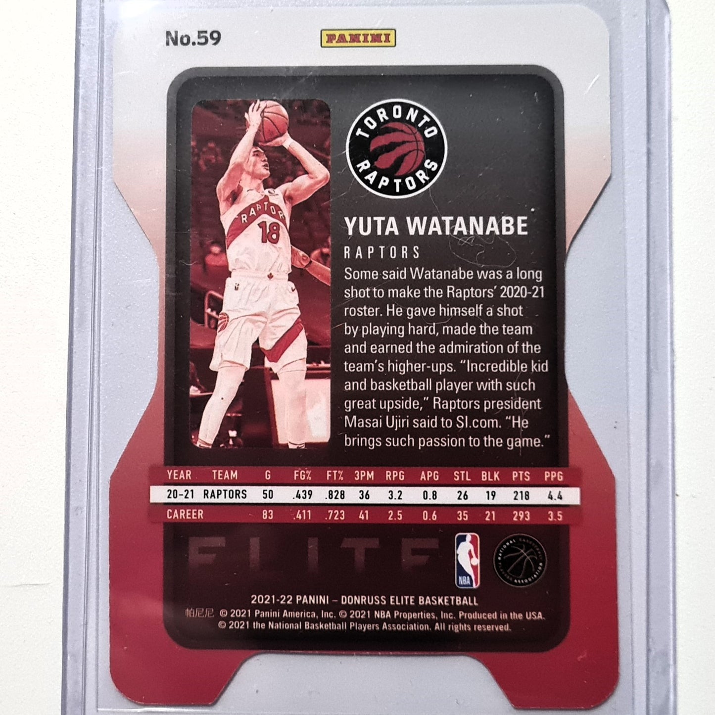 Yuta Watanabe 20021-22 Panini Donruss Elite green die cut 02/18 numbered card #59 NBA Basketball Toronto Raptors Excellent Sleeved