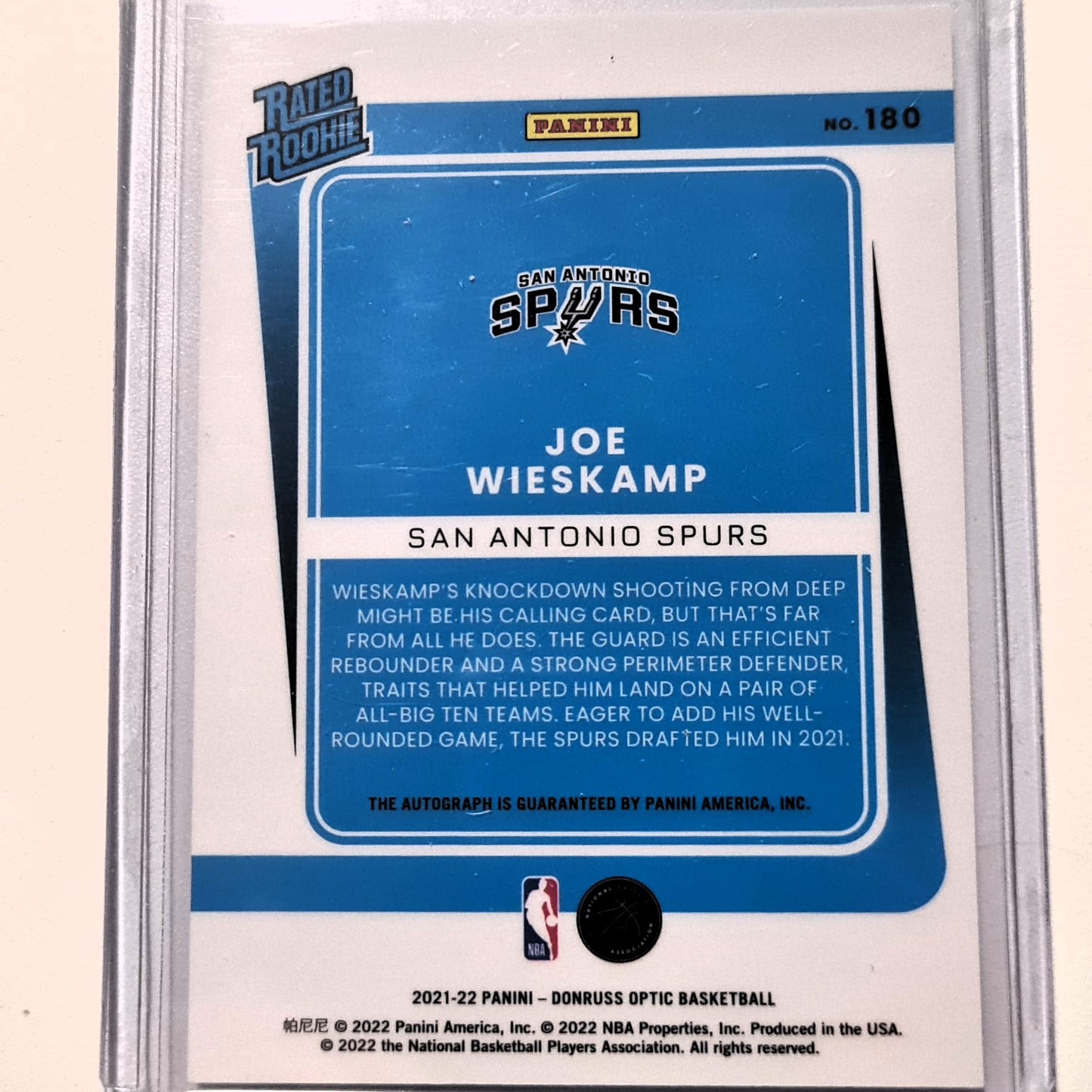 Joe Wieskamp 2021-22 Panini Donruss Optic Rated Rookie Auto #180 RC NBA Basketball San Antonio Spurs Mint sleeved