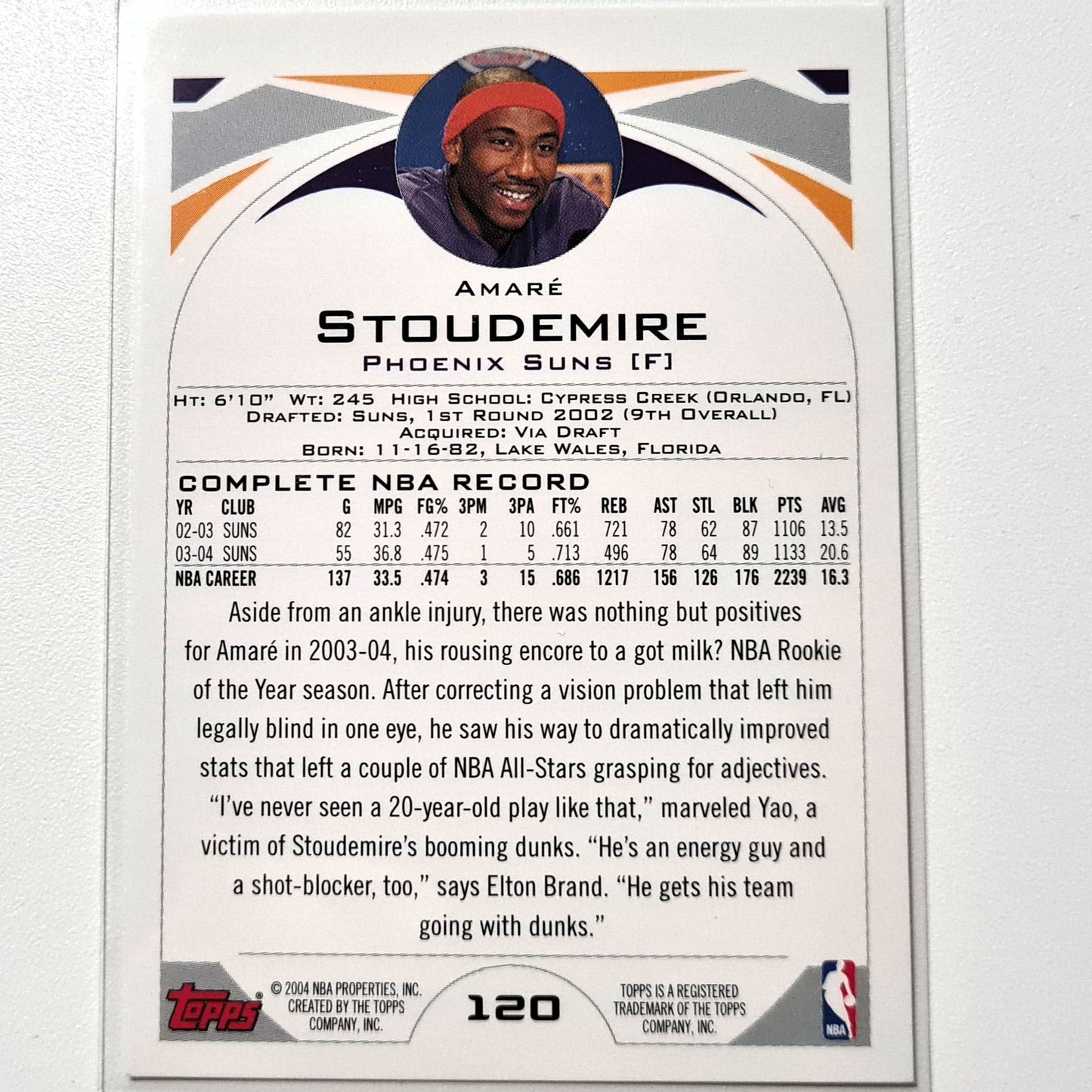 Amare Stoudemire 2003-04 Topps #120 NBA Basketball Phoenix Suns Excellent sleeved