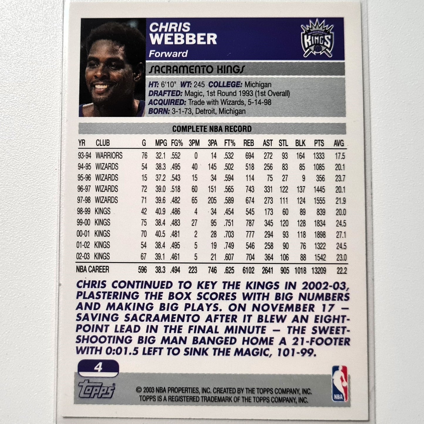 Chris Webber 2003-04 Topps #4 NBA Basketball Sacramento Kings  Excellent sleeved