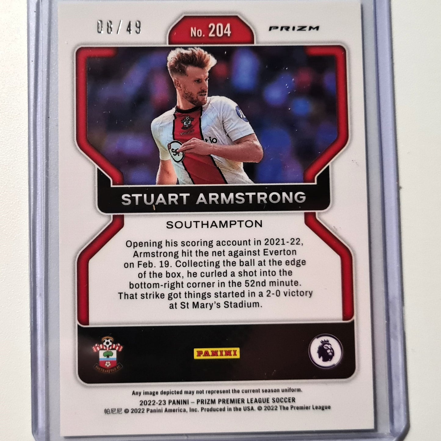 Stuart Armstrong 2022-23 Panini Prizm Premier League Lila 08/49 Nummeriert #204 Fußball Southampton FC Ausgezeichnet/Mintärmelig