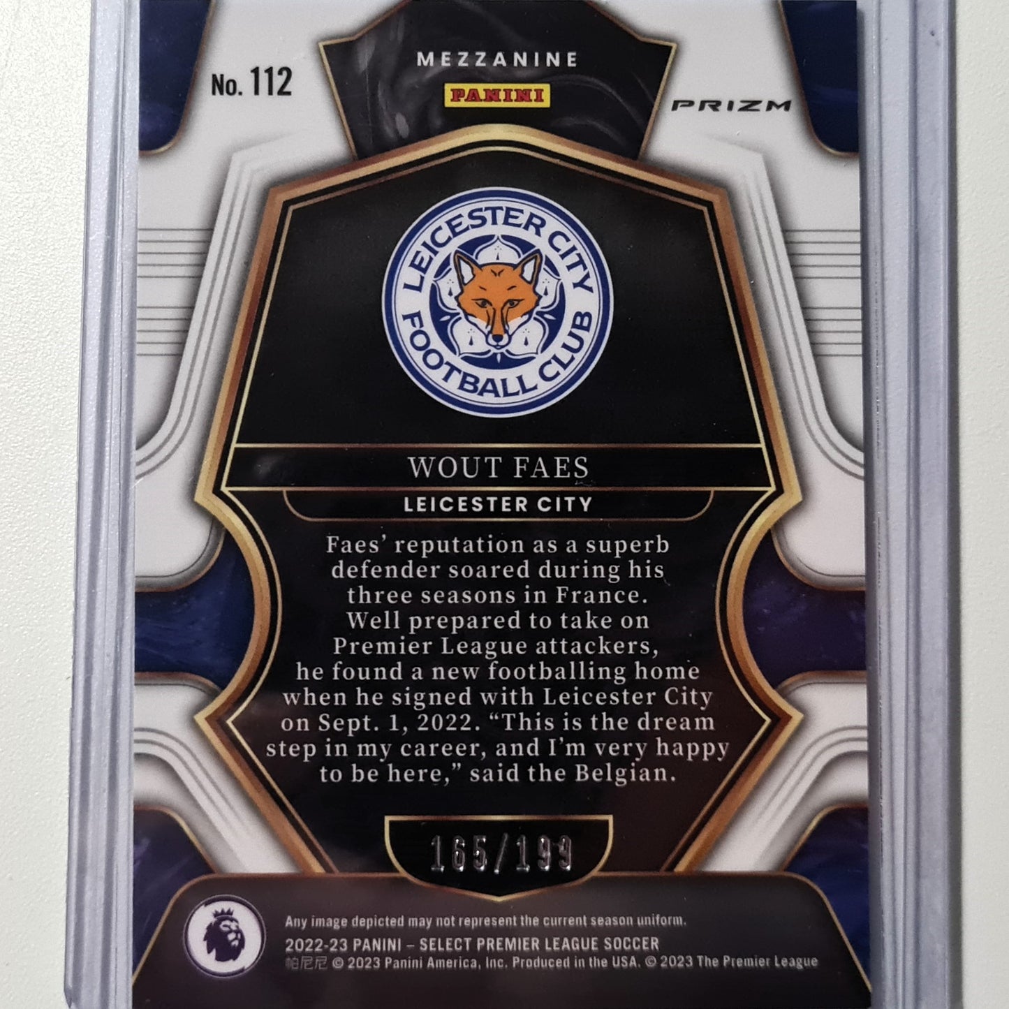 Wout Faes 2022-23 Panini Select premier league Prizm mezzanine Camo 165/199 Rookie RC  #112 Soccer Leicester City Excellent/Mint sleeved