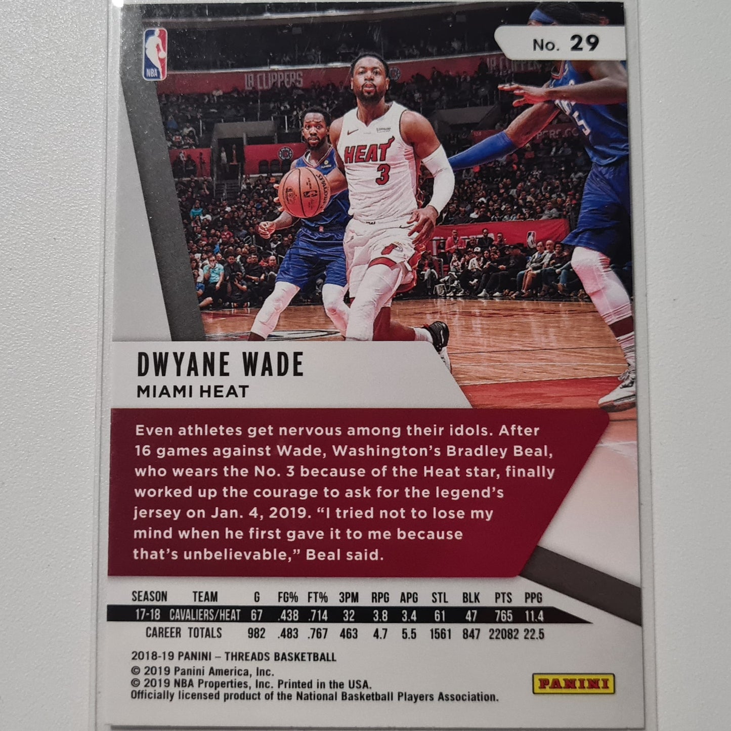 Dwyane Wade 2018-19 Panini Threads #29 NBA Basketball Miami Heat Excellent sleeved