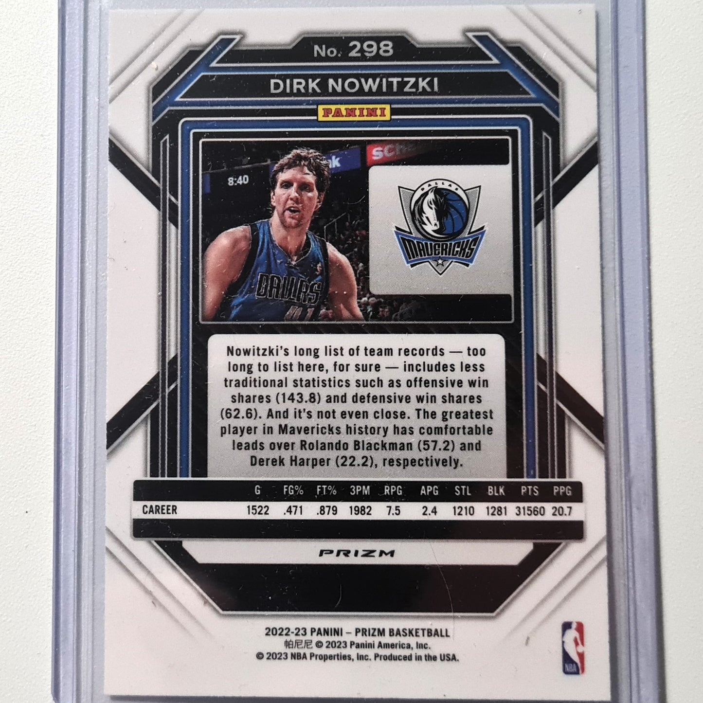 Dirk Nowitzki 2022-23 Panini Prizm Refractor #298 NBA Basketball Dallas Mavericks Mint sleeved