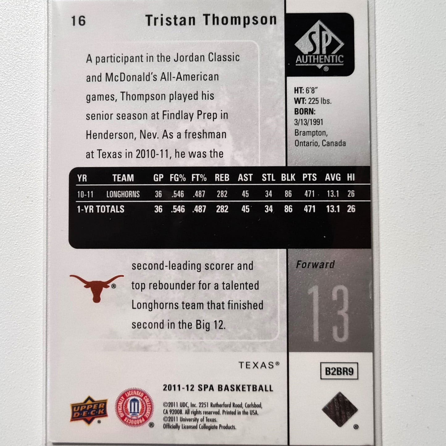 Tristan Thompson 2011-12 Upper Deck SP #16 NBA Basketball Cleveland Cavaliers  Texas longhorns Excellent-Mint sleeved