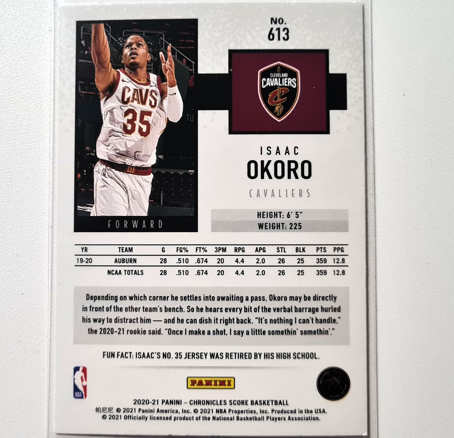 Isaac Okoro 2020-21 Panini Chronicles Score Rookie RC #613 NBA Basketball Cleveland Cavaliers mit hervorragenden Ärmeln