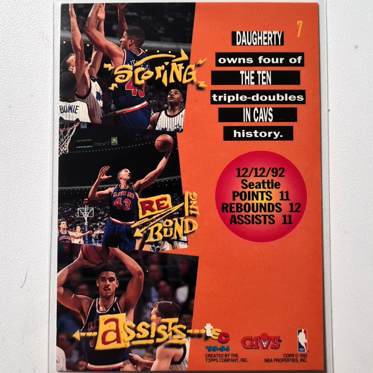 Brad Daugherty 1993 Topps Stadium Club Triple Double #7 NBA Basketball Cleveland Cavaliers, sehr gute Ärmel