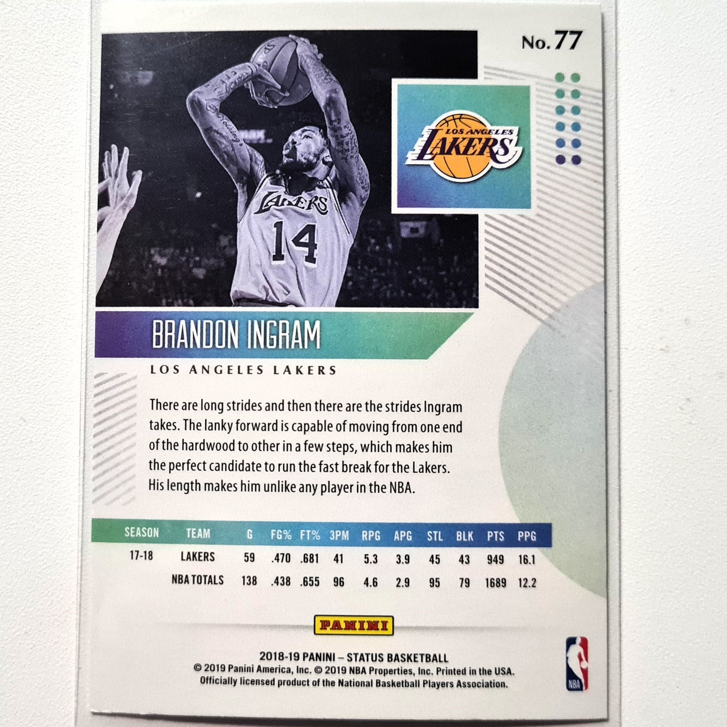 Brandon Ingram 2018-19 Panini status #77 NBA Basketball LA Lakers very good sleeved