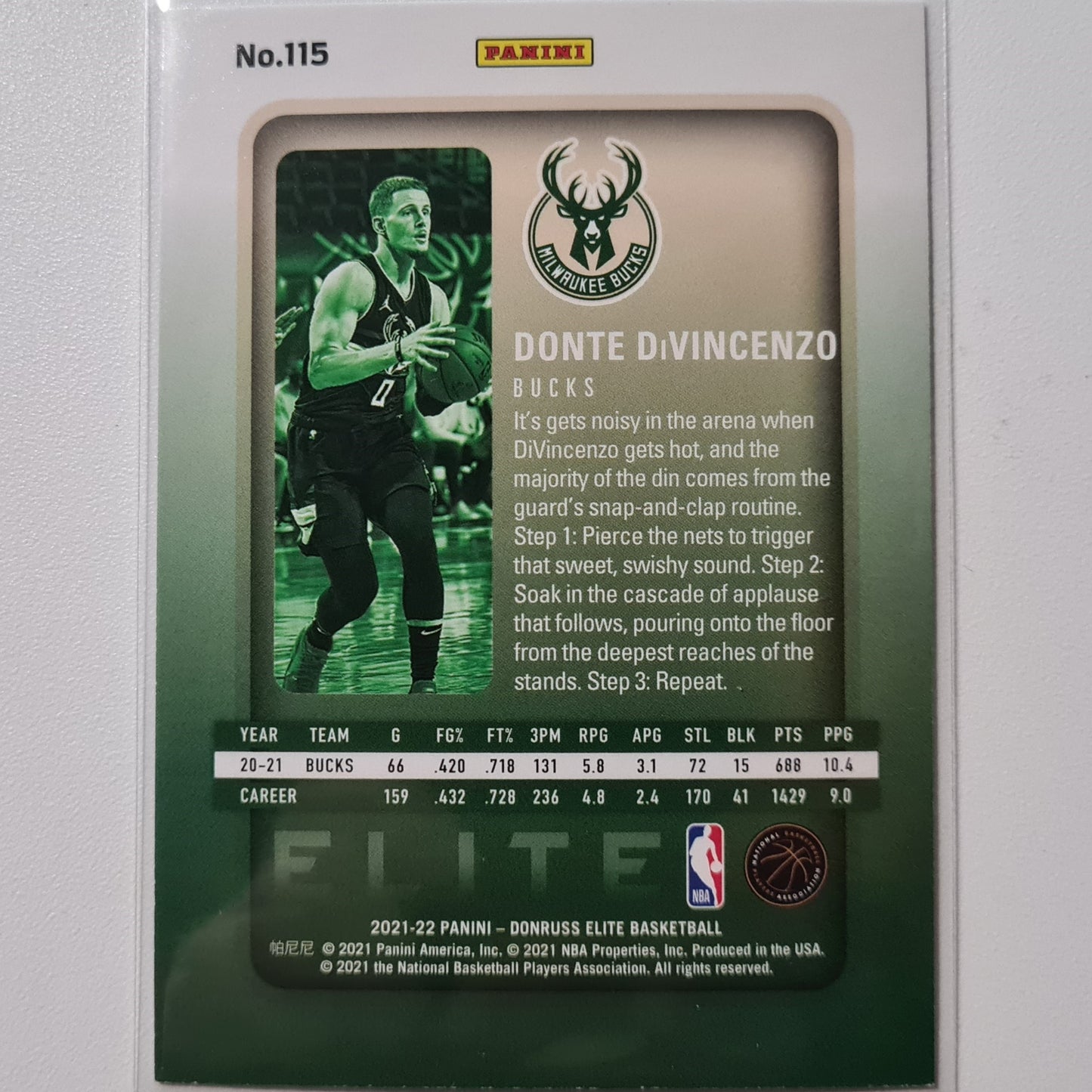 Donte DiVincenzo 2021-22 Panini Donruss Elite  #115 NBA Basketball Milwaukee Bucks Excellent sleeved