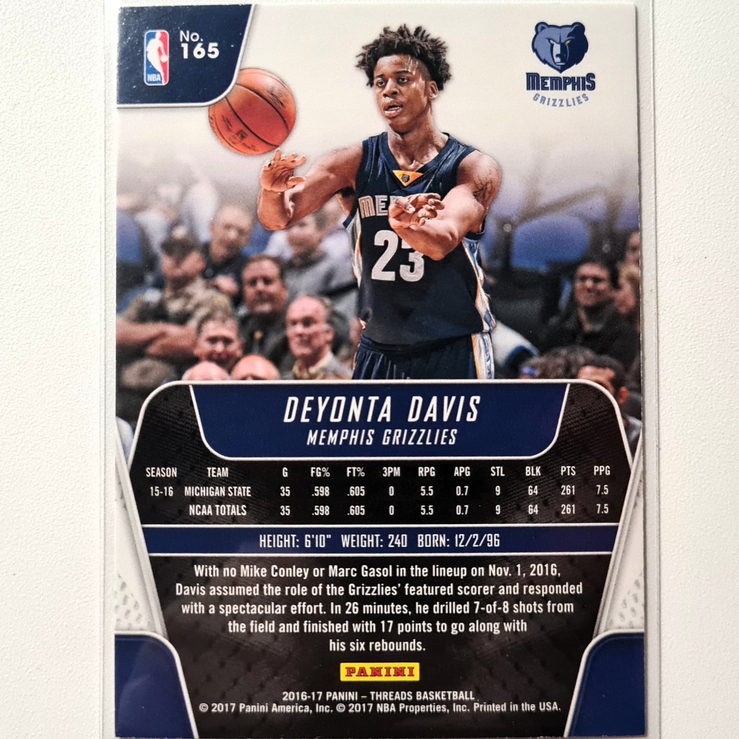 Deyonta Davis 2016-17 Panini Threads Rookie RC  #165 NBA Basketball Memphis Grizzlies Excellent sleeved