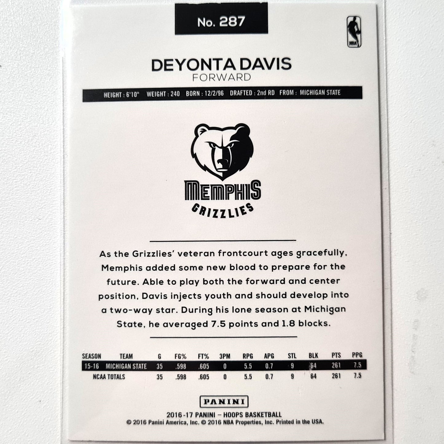 Deyonta Davis 2016-17 Panini Hoops Rookie RC  #287 NBA Basketball Memphis Grizzlies sleeved